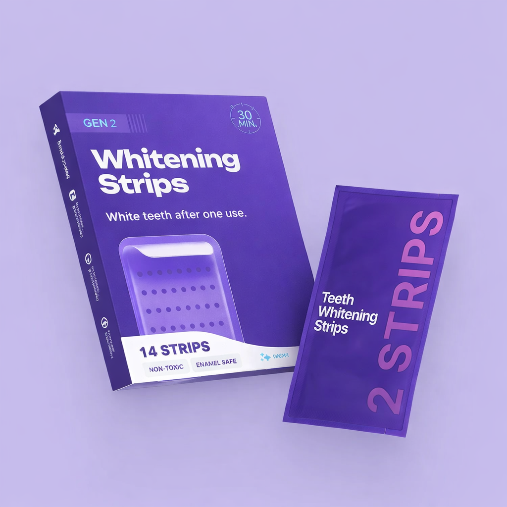 SMILE Purple Teeth Whitening Strips packaging with purple color-correcting formula