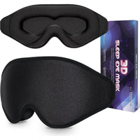 3D Sleep Eye Mask in black for total blackout, shown with packaging on a white background