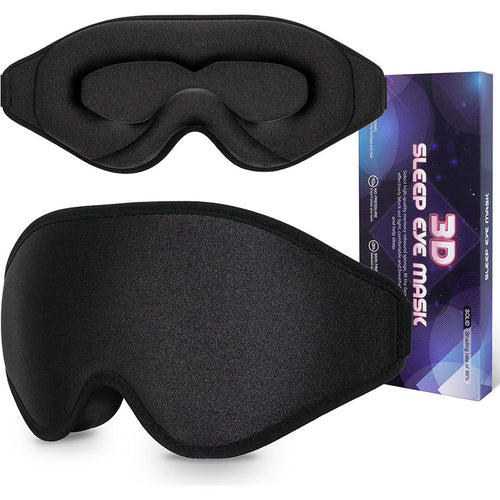 Black 3D sleep eye mask with packaging on a white background