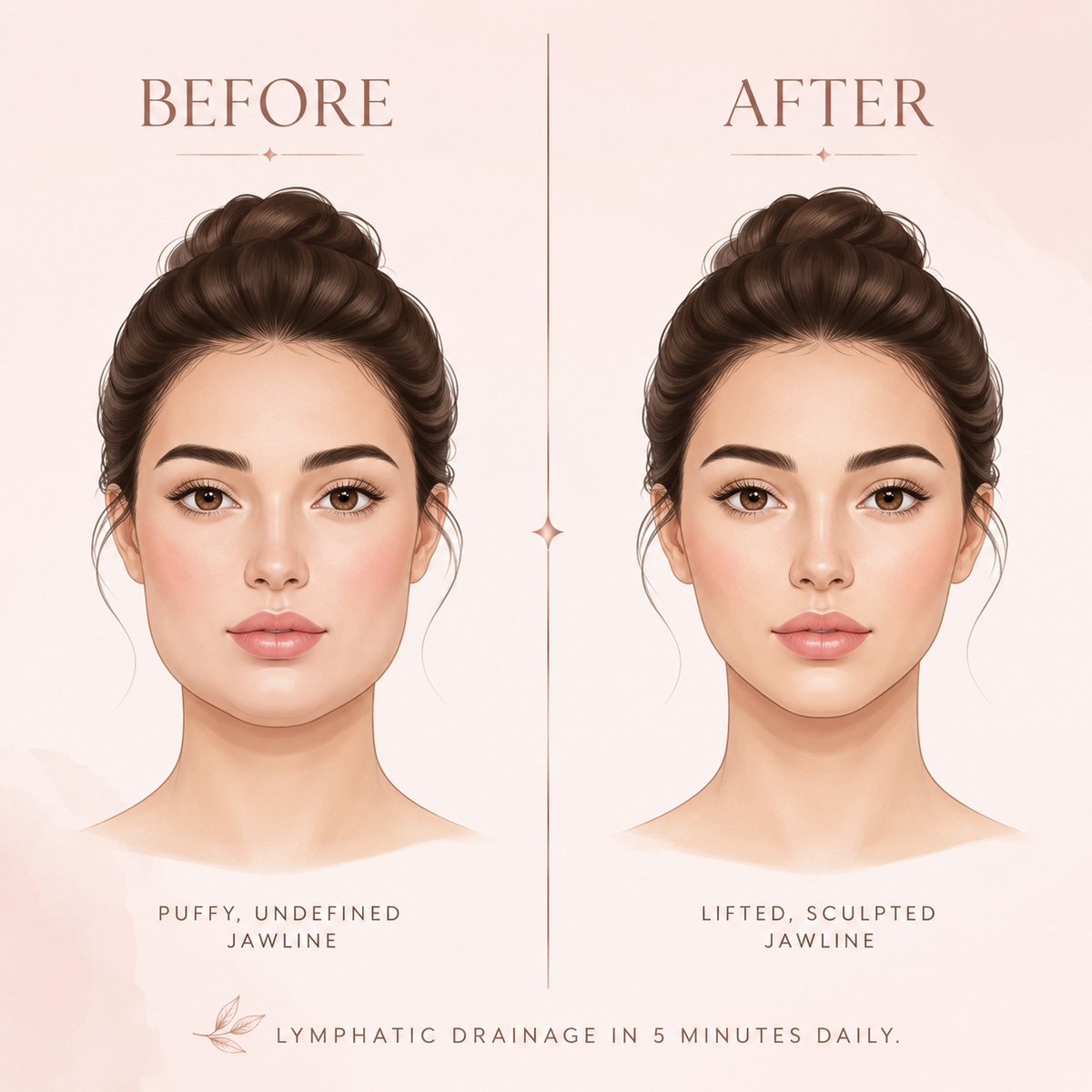 Before and after comparison of a woman's face with text indicating lymphatic drainage effects.