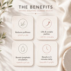 Product benefits displayed on a textured surface with decorative elements.