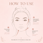 Instructions on how to use a skincare product with a face diagram on a pink background.