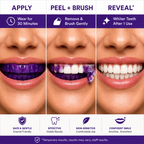 Step-by-step guide for a teeth whitening product with before, during, and after effects.