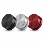 Three round electronic devices in black, silver, and red on a white background