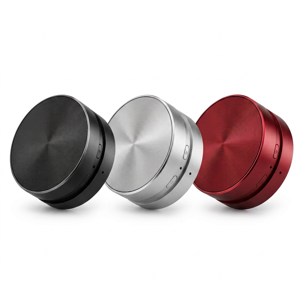 Three round electronic devices in black, silver, and red on a white background