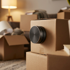 Cardboard boxes with a modern speaker in a living room setting