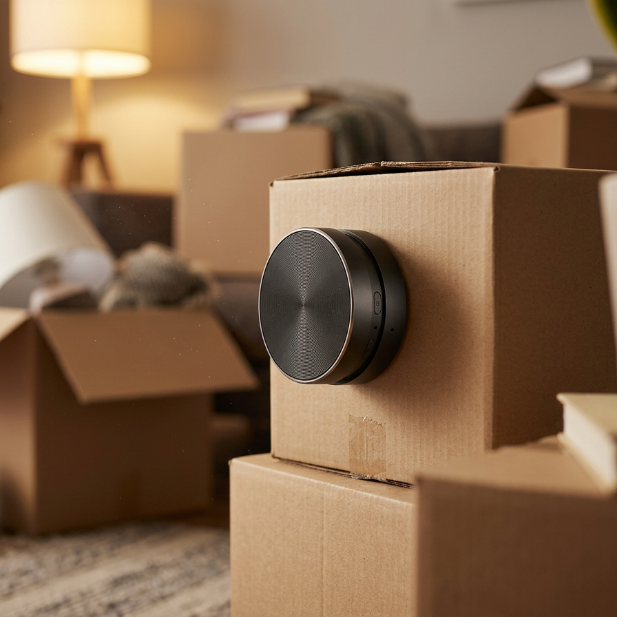 Cardboard boxes with a modern speaker in a living room setting