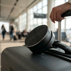Black suitcase with a handle extension in an airport setting