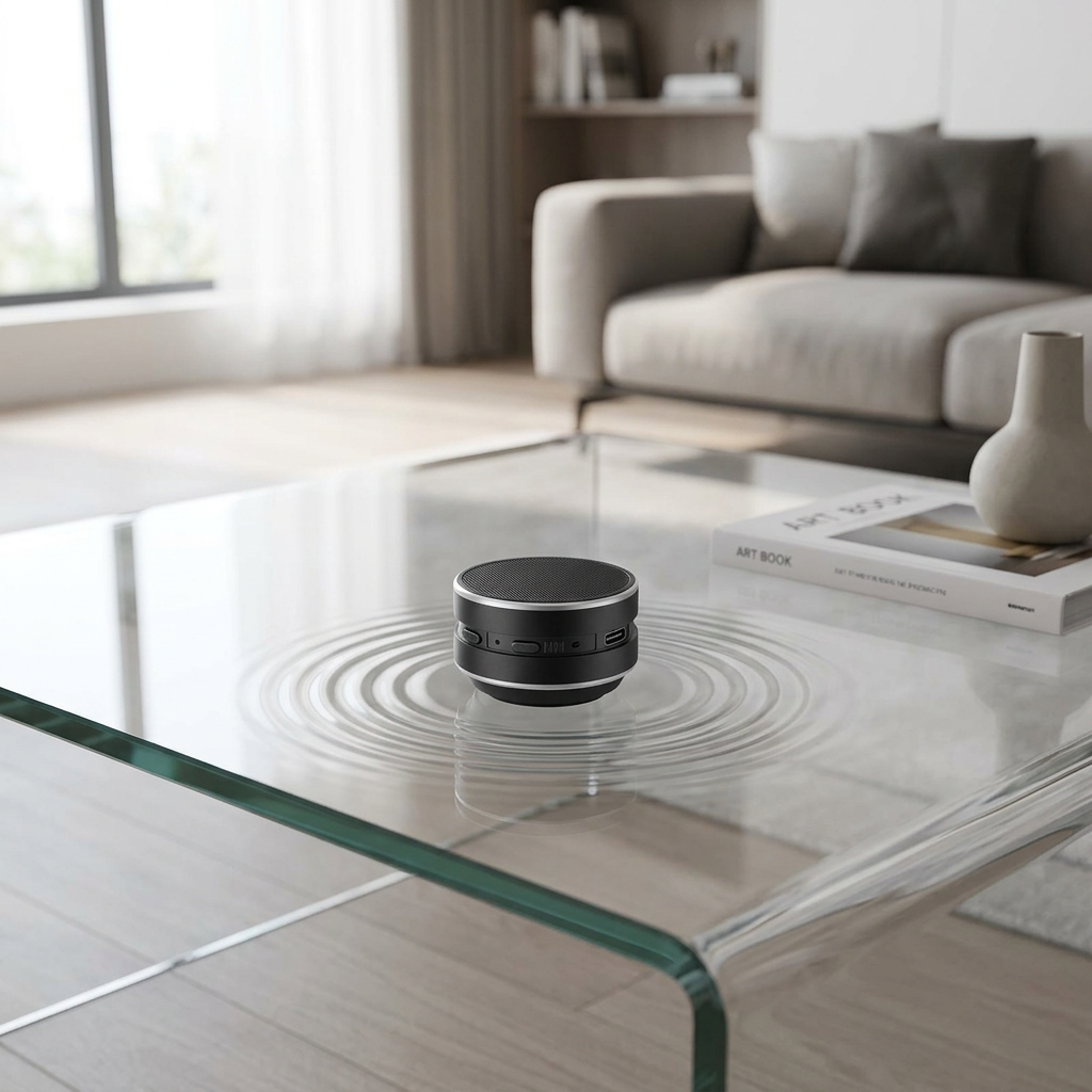 Black portable speaker on a glass coffee table in a modern living room.