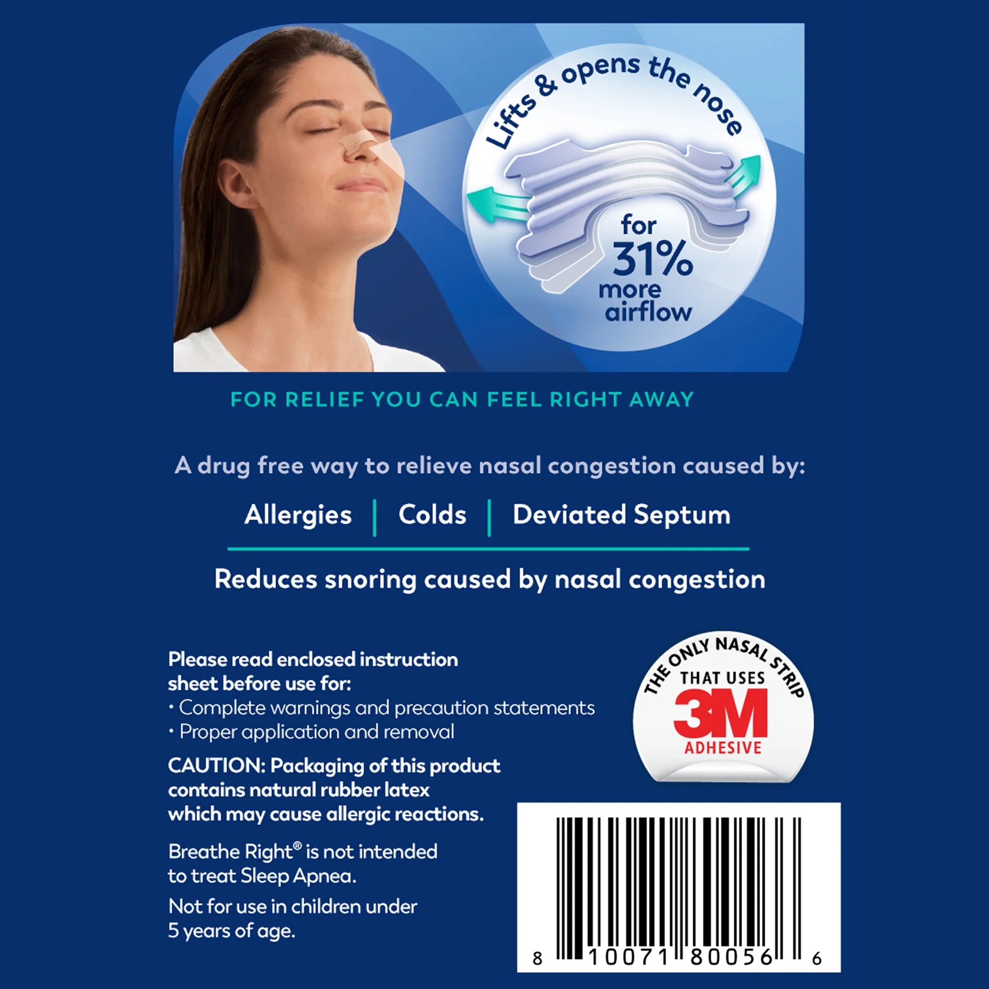 Nasal strip packaging with a woman using it, showing relief from nasal congestion.