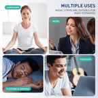 Collage of people in different scenarios with text indicating nasal strip uses for work, everyday, sleeping, and snoring.
