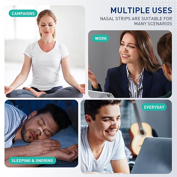 Collage of people in different scenarios with text indicating nasal strip uses for work, everyday, sleeping, and snoring.