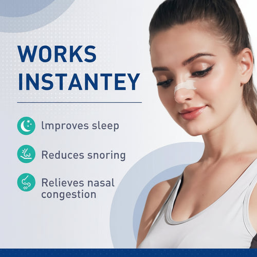 Advertisement for breathing nasal strips with a woman wearing the strips and text highlighting benefits.