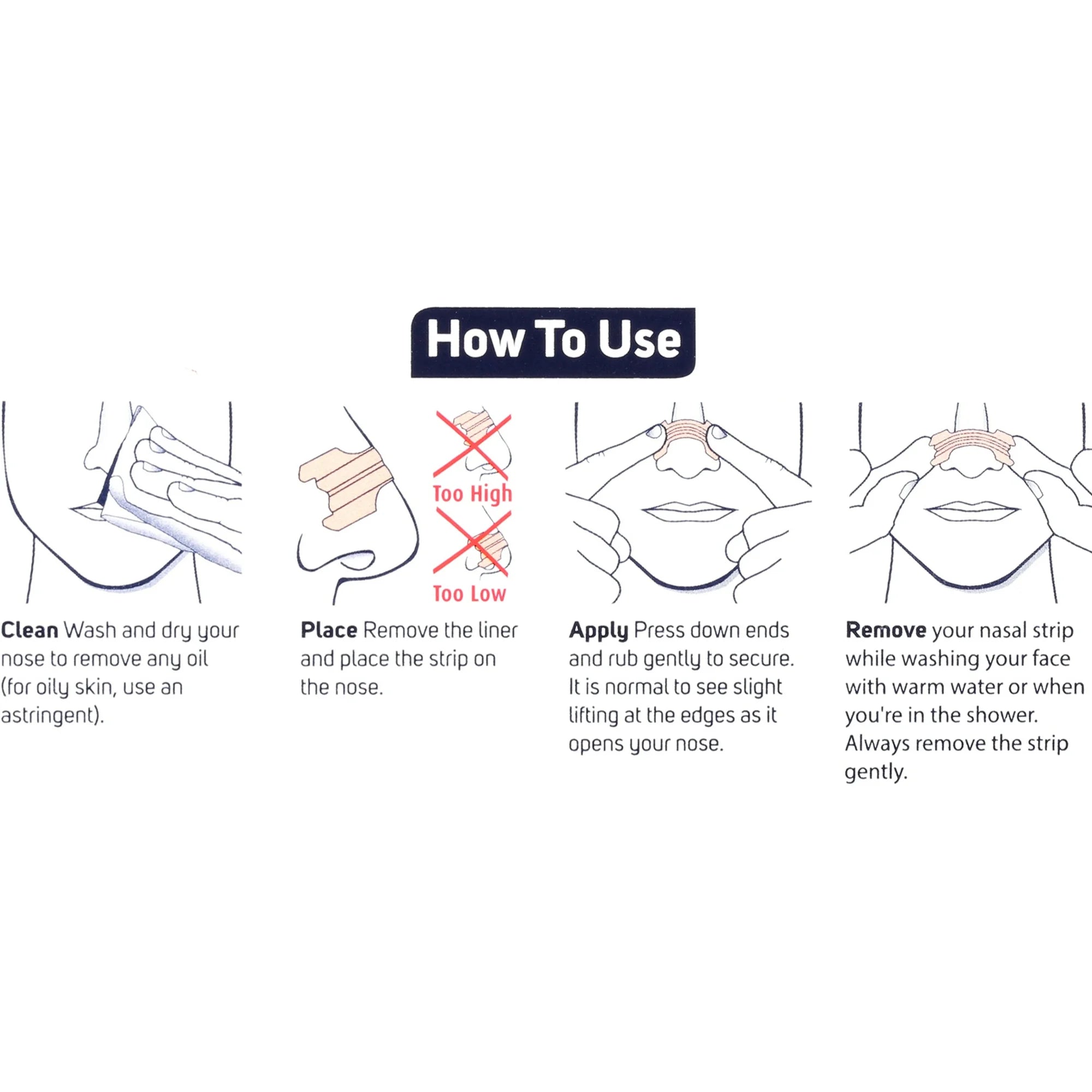 Instructions on how to use a nasal strip with illustrations and text.