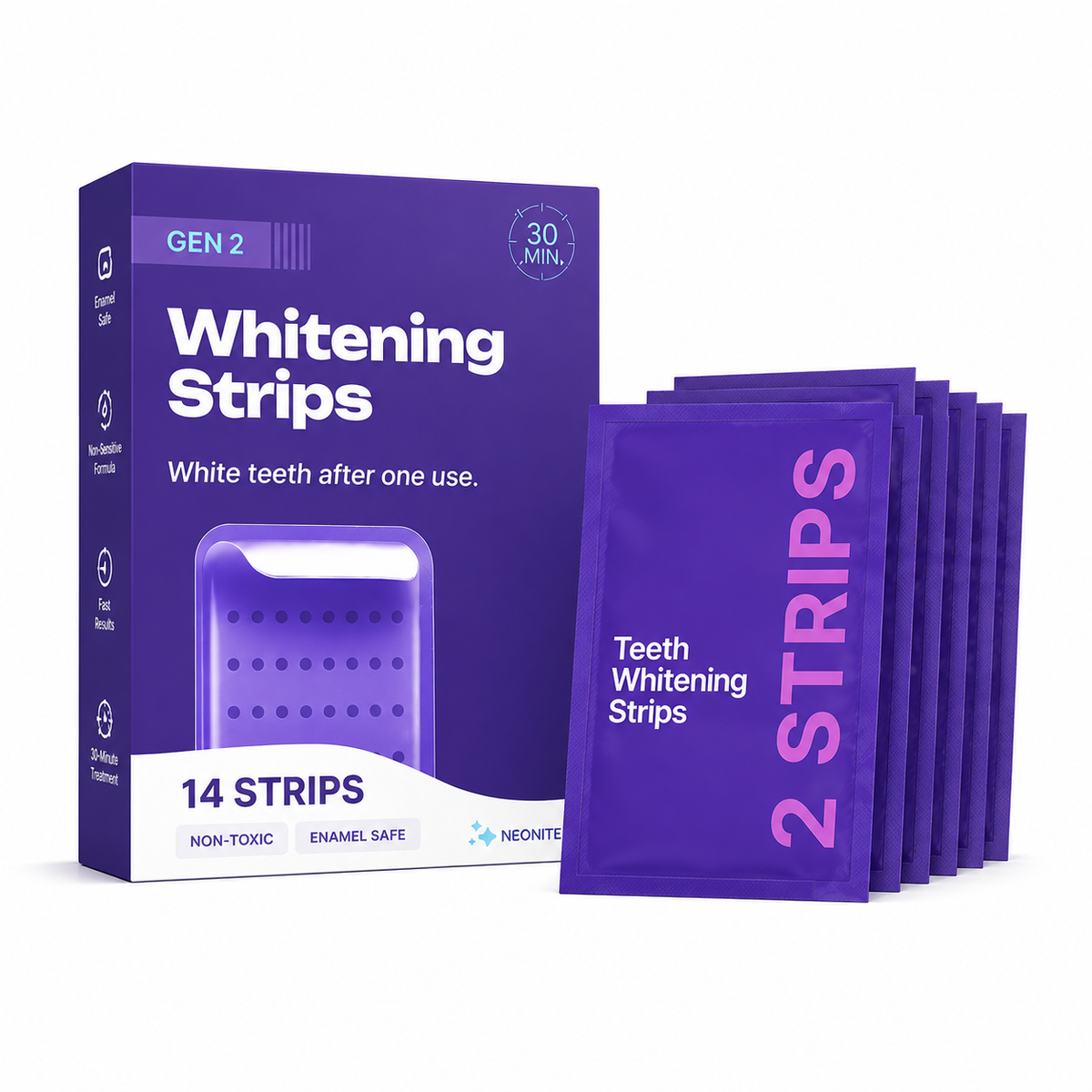 Teeth whitening strips packaging with purple box and packets on a white background