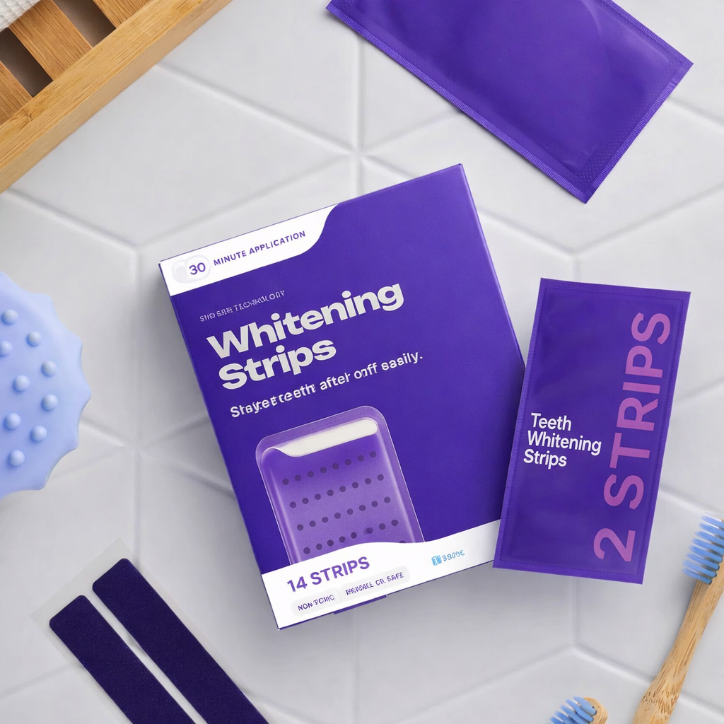 Teeth whitening strips packaging with strips on a tiled bathroom floor.