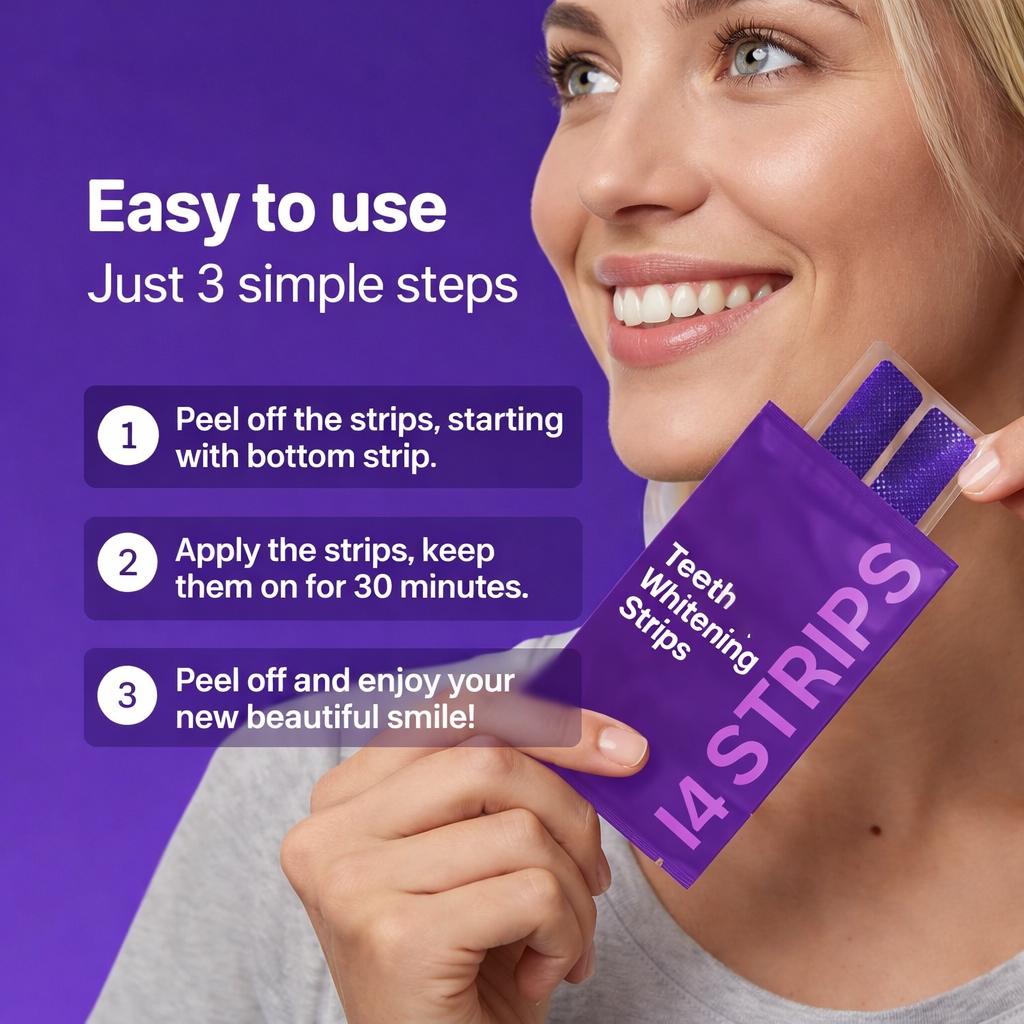 Teeth whitening strips packaging with user instructions on a purple background